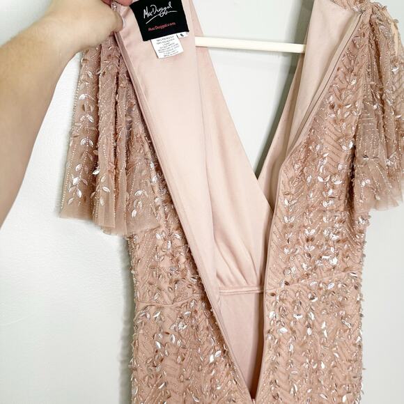 Mac Duggal 35109 Surplice Bodice Embellished Gown Flutter Sleeve Nude Size 8 - Picture 10 of 11